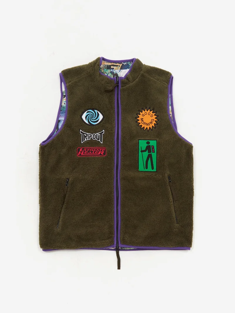 Image of Good Morning Tapes Reversible Polar Fleece Zip Thru Vest - Moss/Shrooms