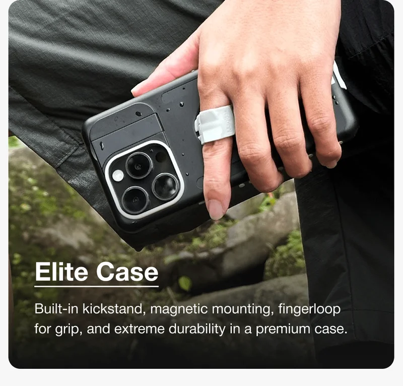 Elite Case Built-in kickstand, magnetic mounting, fingerloop for grip, and extreme durability in a premium case.