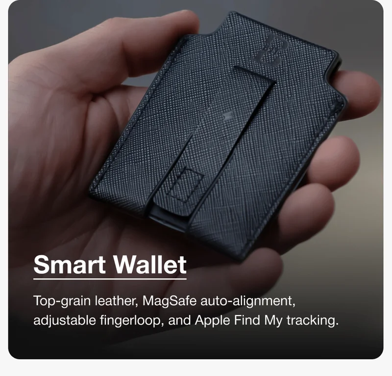 Smart Wallet Top-grain leather, MagSafe auto-alignment, adjustable fingerloop, and Apple Find My tracking.