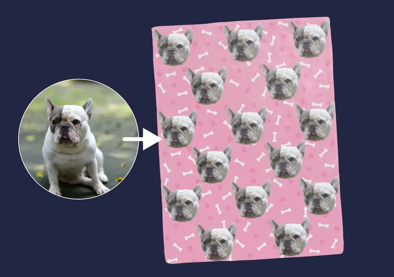 Dog photo of a Frenchie pointing to the blanket mock up preview