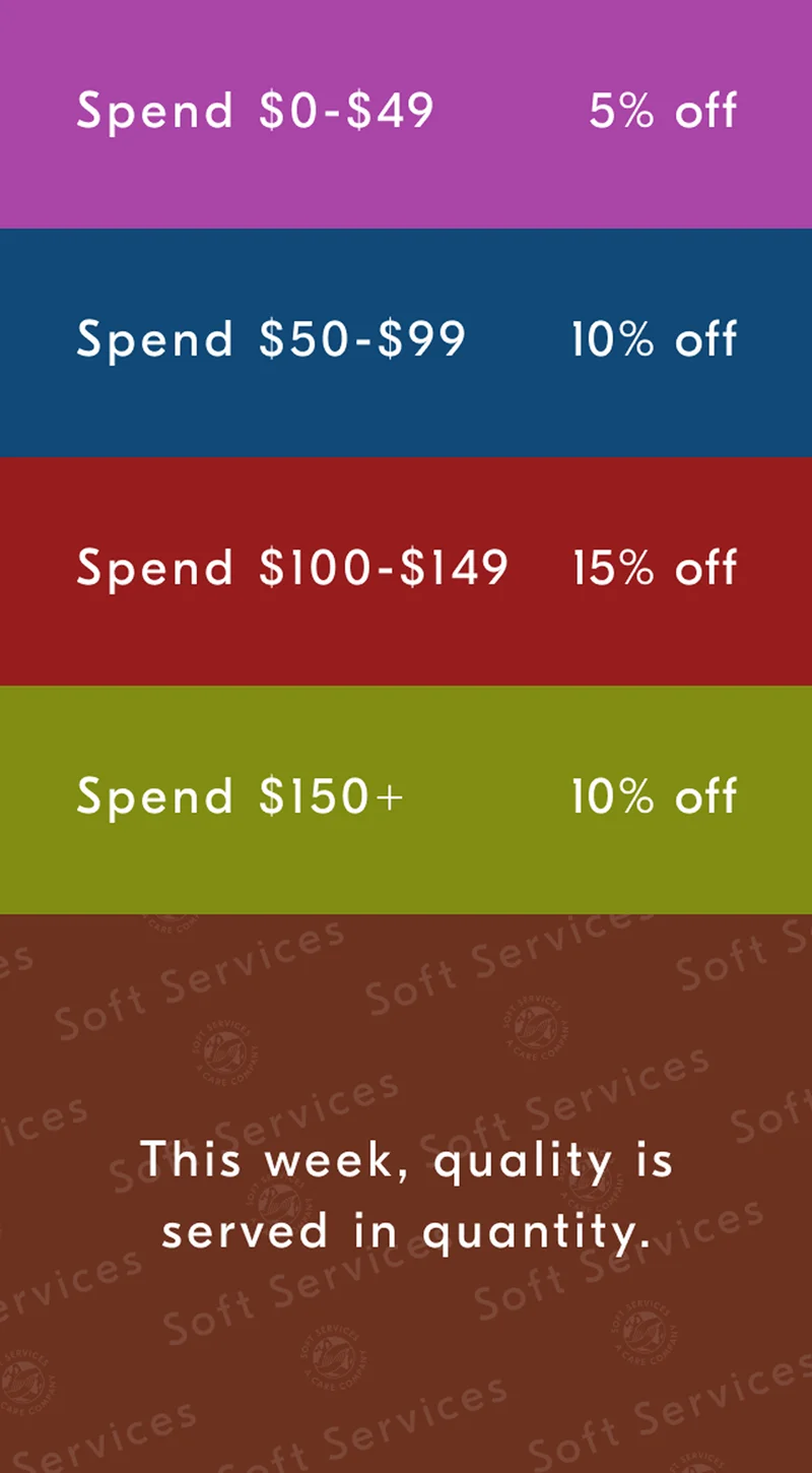 Spend $0-$49 5% off / Spend $50-$99 10% off / Spend $100-$149 15% off / Spend $150+ 20% off / This week, quality is served in quantity.