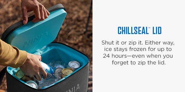 Chillseal™ Lid-- Shut it or zip it. Either way, ice stays frozen for up to 24 hours-even when you forget to zip the lid.