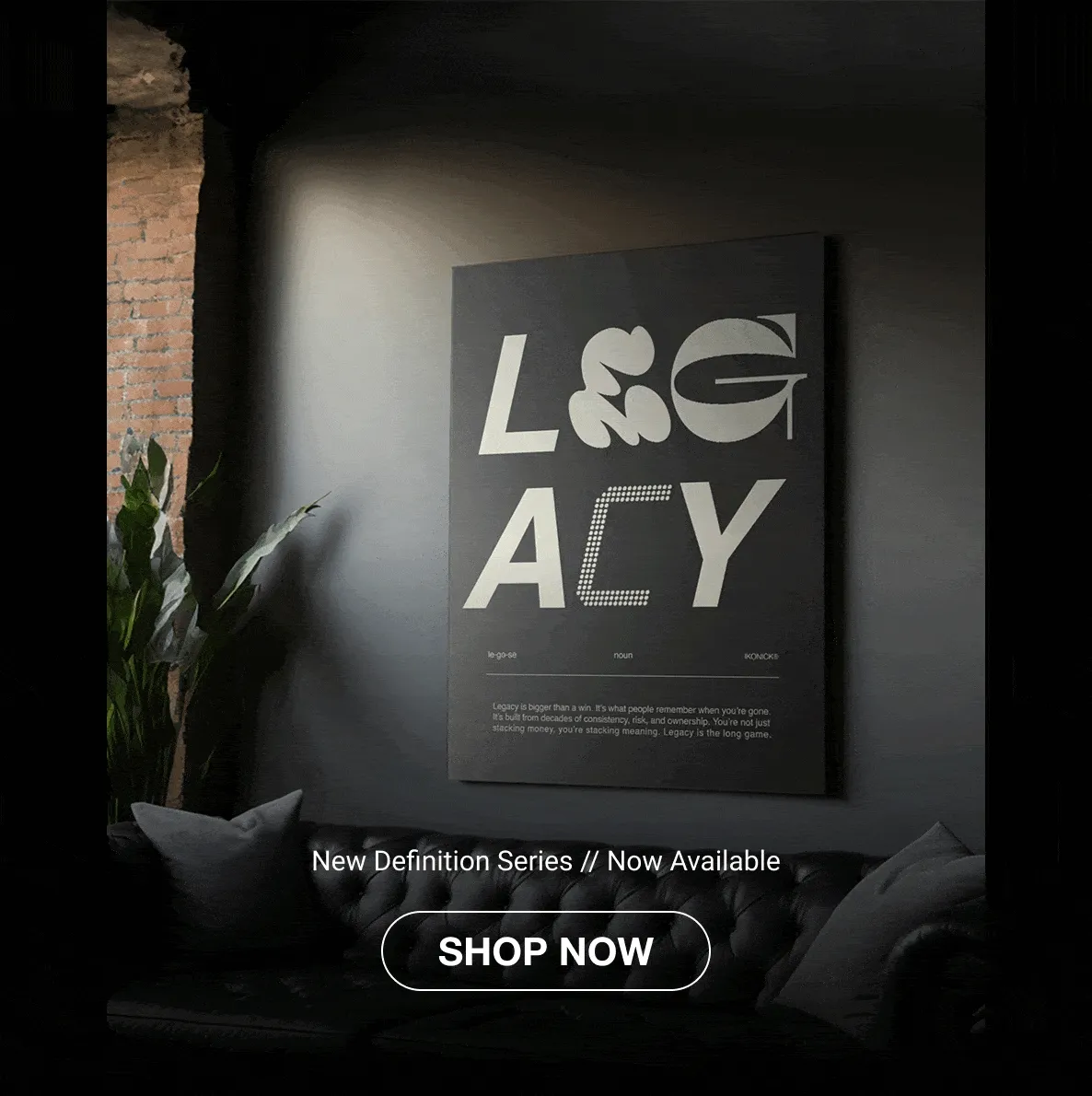 Rotating GIF showcasing four canvas artworks from the New Type Series — ‘MINDSET’ displayed above a brown leather sofa, ‘FOCUS’ above a sleek grey couch, ‘START’ mounted on a dark wall with industrial lighting, and ‘HUSTLE’ featured in a modern office setup — each piece highlighting bold, three-dimensional typography in realistic room settings.