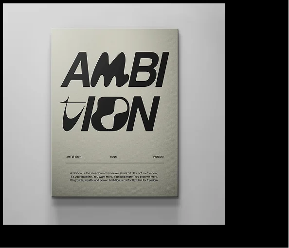 Canvas art print titled ‘Ambition’ from the IKONICK Definition Series, featuring bold modern typography on a neutral beige background.