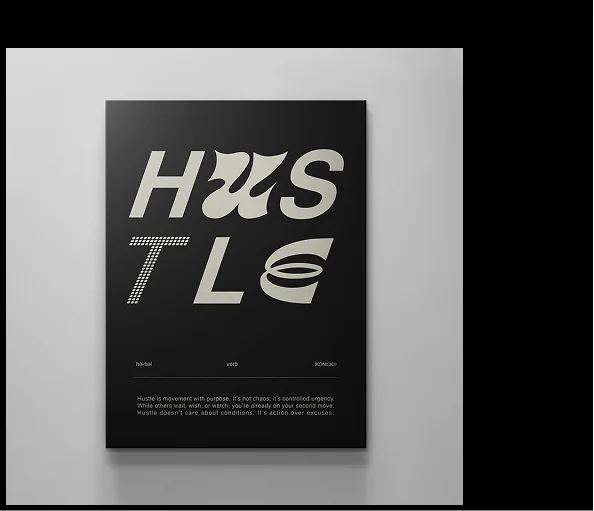 Canvas art print titled ‘Hustle’ from the IKONICK Definition Series, featuring abstract typography on a minimalist black background.