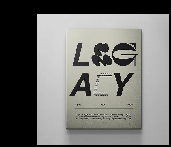 Canvas art print titled ‘Legacy’ from the IKONICK Definition Series, featuring distinct geometric typography on a light beige background.