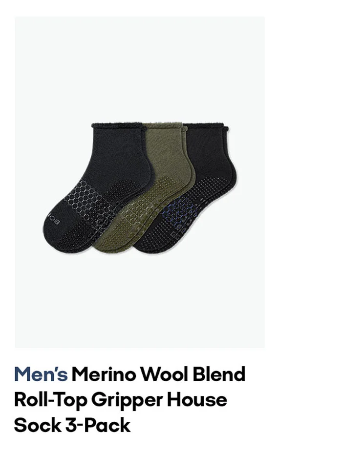 Men's Merino Wool Blend Roll-Top Gripper House Sock 3-Pack