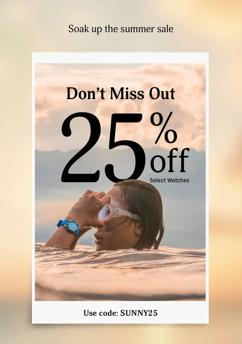 Soak up the summer sale launch | Don't Miss Out 25%  off select watches | use code: SUNNY25 - Timex