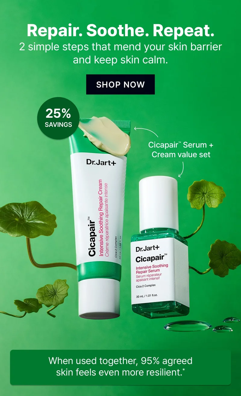Repair. Soothe. Repeat. | 2 simple steps that mend your skin barrier and keep skin calm. | SHOP NOW | 25% SAVINGS | Cicapair Serum + Cream value set | When used together, 95% agreed skin feels even more resilient.*