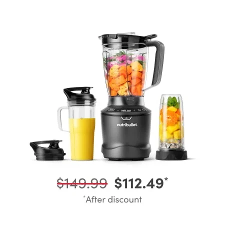 Gray nutribullet SmartSense™ with a large pitcher of fruits, two cups with juice and fruit, and a separate lid.