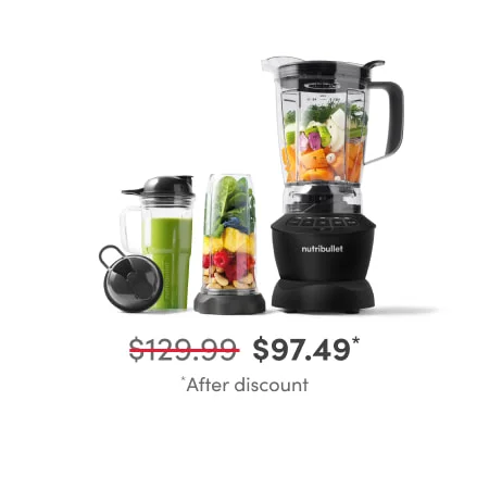 nutribullet® blender with a pitcher full of vegetables, and two different sized cups with juice and vegetables.