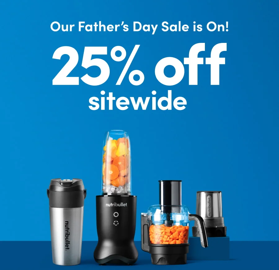 Four nutribullet products: a travel mug, personal blender with fruit, food processor, and an accessory.