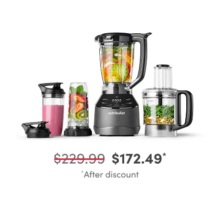 nutribullet® Tripe Prep System with pitcher, a cup with pink smoothie, a cup with fruit, and a food processor attachment.