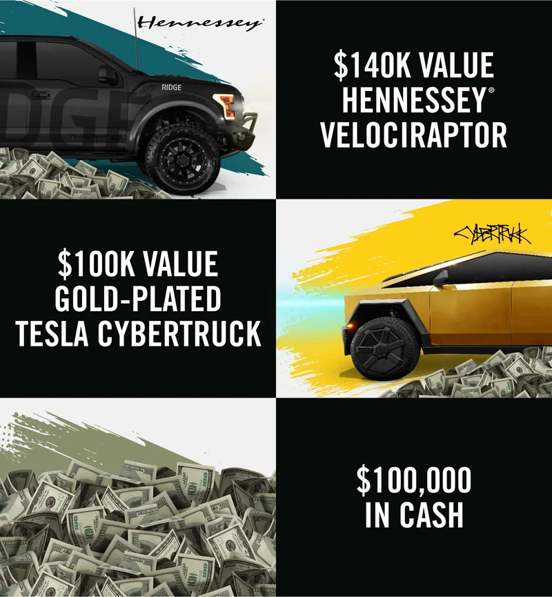 Gold-plated Tesla Cybertruck, Hennessey Velociraptor, $100K in Cash