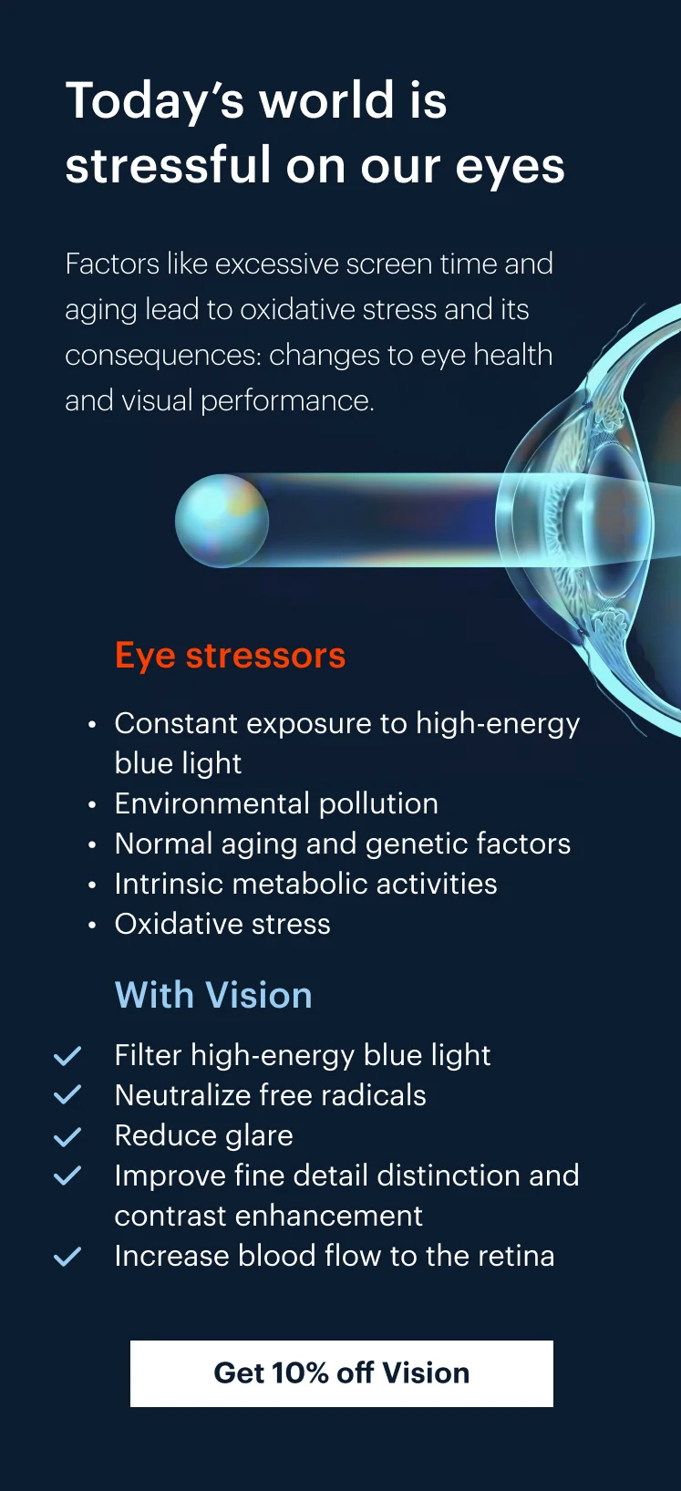 Today’s world is stressful on our eyes | Factors like excessive screen time and aging lead to oxidative stress and its consequences: changes to eye health and visual performance.&nbsp;| Eye stressors | Constant exposure to high-energy blue light&nbsp;| Environmental pollution | Normal aging and genetic factors | Intrinsic metabolic activities | Oxidative stress | With Vision | Filter high-energy blue light | Neutralize free radicals | Reduce glare | Improve fine detail distinction and contrast enhancement | Increase blood flow to the retina | Get 10% off Vision