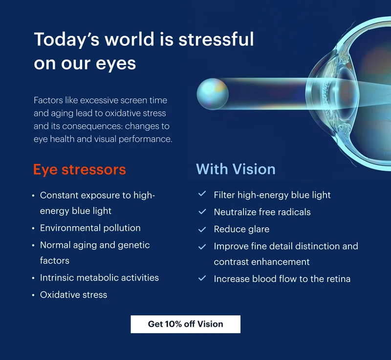 Today’s world is stressful on our eyes | Factors like excessive screen time and aging lead to oxidative stress and its consequences: changes to eye health and visual performance.&nbsp;| Eye stressors | Constant exposure to high-energy blue light&nbsp;| Environmental pollution | Normal aging and genetic factors | Intrinsic metabolic activities | Oxidative stress | With Vision | Filter high-energy blue light | Neutralize free radicals | Reduce glare | Improve fine detail distinction and contrast enhancement | Increase blood flow to the retina | Get 10% off Vision