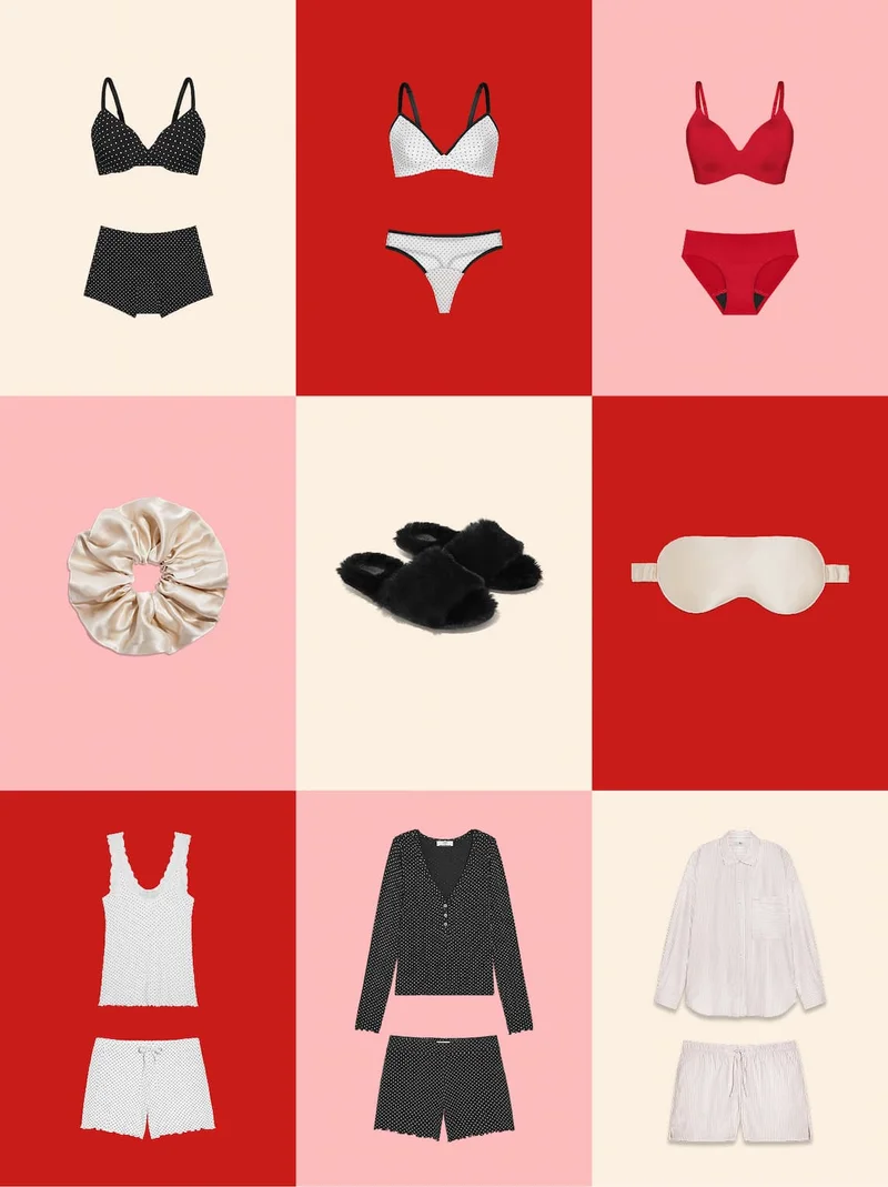 Image grid featuring a variety of bras underwear and accessories perfect for valentine's day.