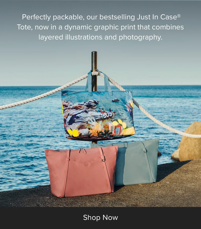 Perfectly packable, our bestselling Just In Case® Tote, now in a dynamic graphic print that combines layered illustrations and photography, is crafted to bring the coast to every journey.