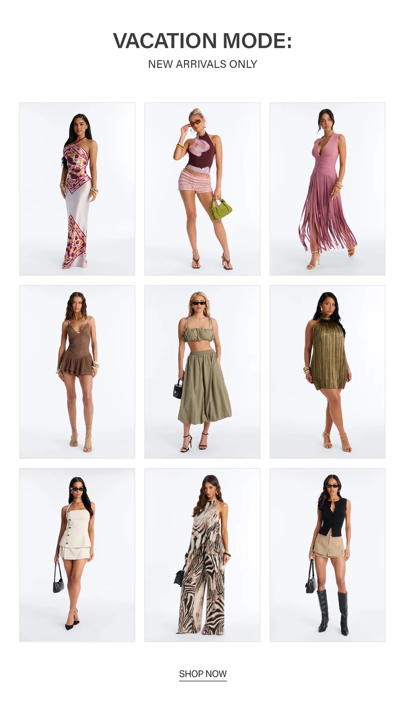 Nine models presenting a "Vacation Mode" new arrivals collection, featuring stylish dresses, sets, and jumpsuits in varied colors.