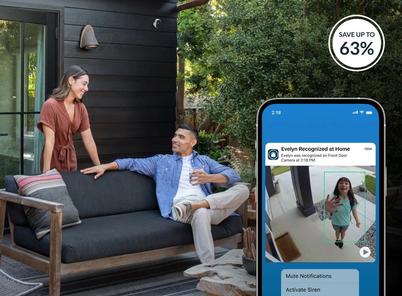 Up to 63% off. Phone displaying a simulated Arlo screen image of an Arlo Secure notification. People sitting outside with an Arlo security camera mounted on the exterior of the home.