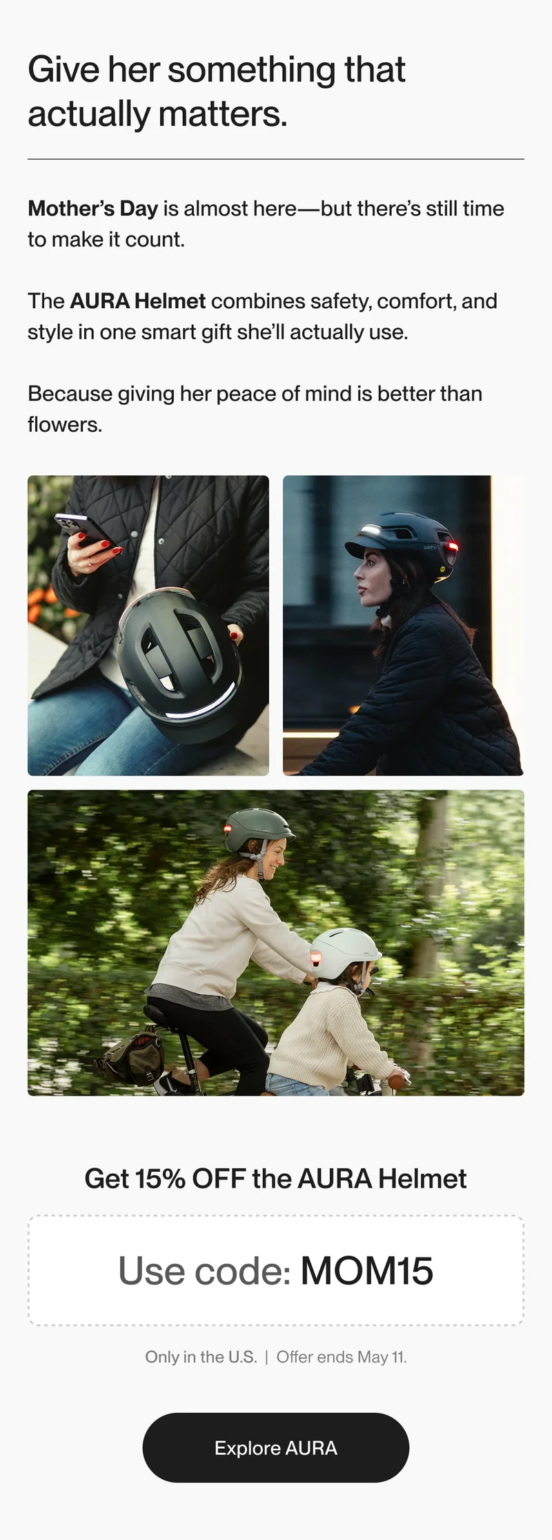 Celebrate Mother’s Day with the AURA smart helmet — shown in real-life moments of moms riding, protecting, and enjoying the ride with their kids.