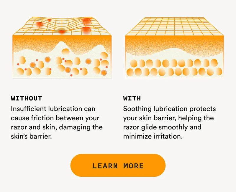 Without: Insufficient lubrication can cause friction between your razor and skin, damaging the skin’s barrier. - With: Soothing lubrication protects your skin barrier, helping the razor glide smoothly and minimize irritation. -LEARN MORE