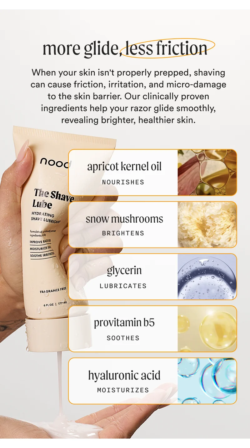 more glide, less friction - When your skin isn't properly prepped, shaving can cause friction, irritation, and micro-damage to the skin barrier. Our clinically proven ingredients help your razor glide smoothly, revealing brighter, healthier skin. - apricot kernel oil: Nourishes | snow mushrooms: Brightens | glycerin: Lubricates | provitamin B5: Soothes | hyaluronic acid - Moisturizes