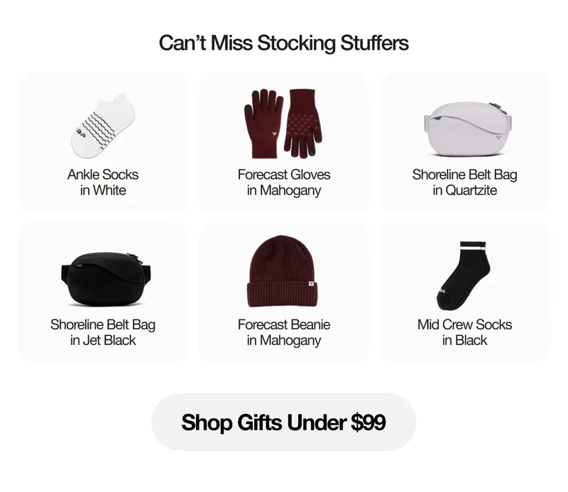 Cant Miss Stocking Stuffers. Product grid of Vessi gifts. Shop Gifts Under $99.