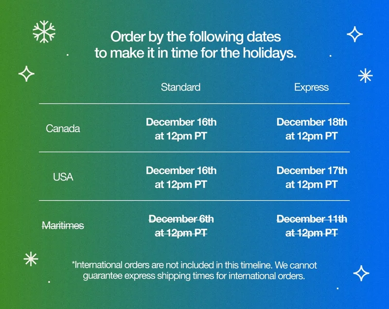 Order by the following dates to make it in time for the holidays. See shipping info.