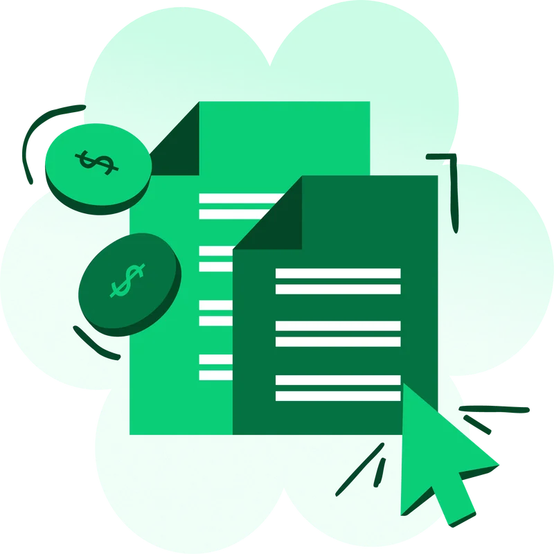 Graphic of documents and coins