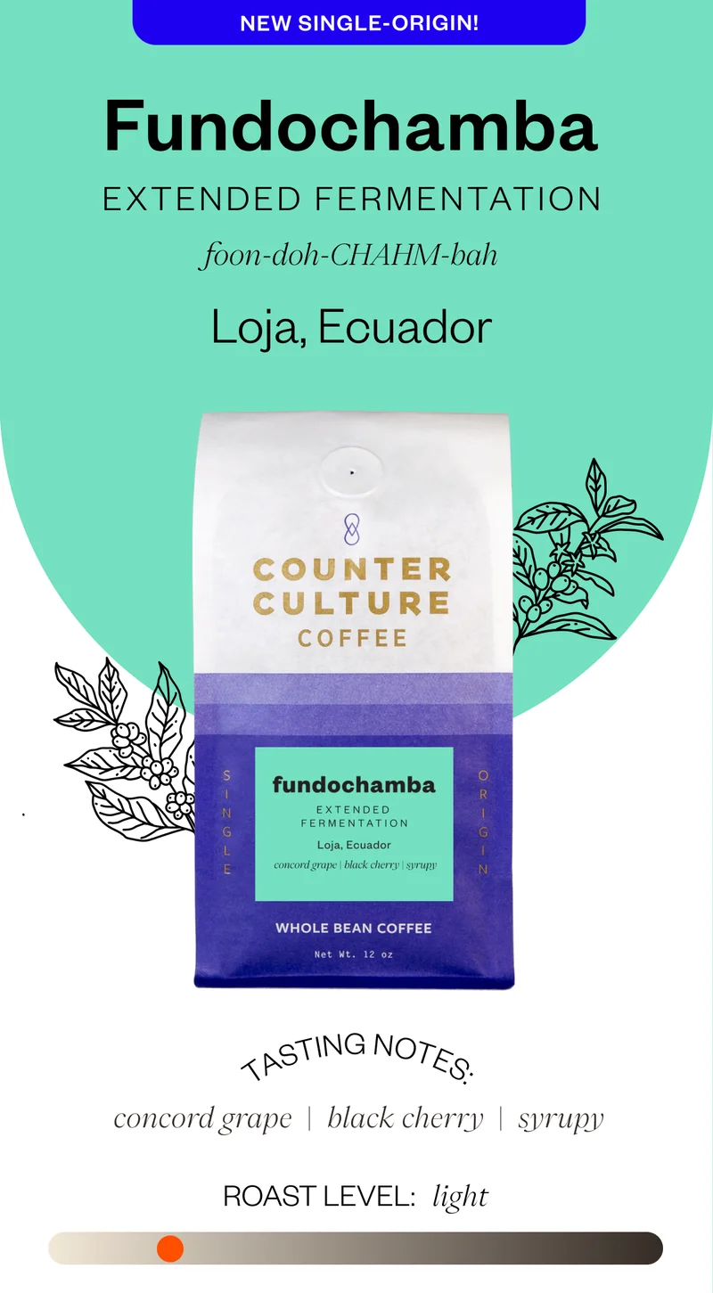 new Single - Origin Fundochamba extended Fermentation Foon-Doe-Cham-bAH Loja, Ecuador   Tasting notes: concord grape black cherry syrupy Roast Level: Light