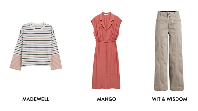 A striped shirt, pink dress and beige pants.