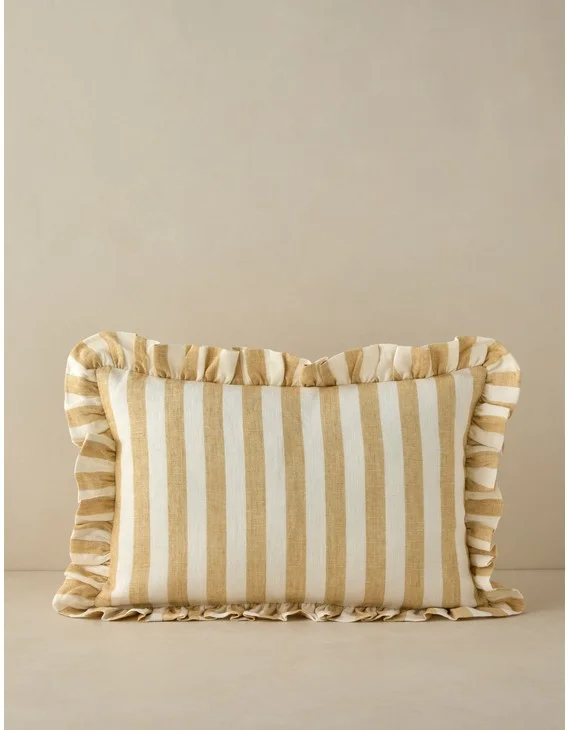 Amaroso Linen Ruffle Pillow-Ivory and Butter / Lumbar / With Feather Down Insert