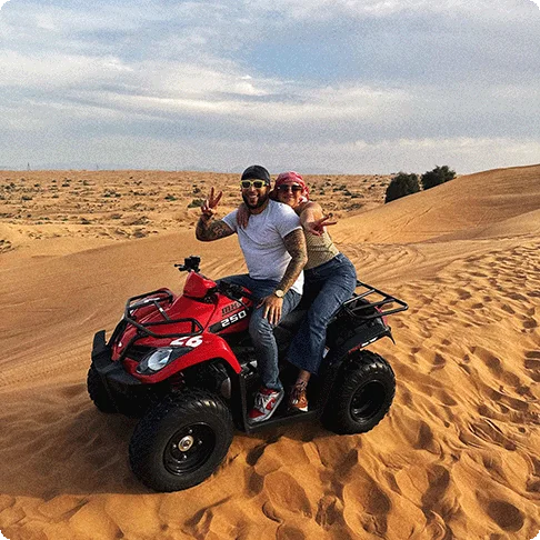 Image Descriptions: Two people on an ATV and an image of two people at a market.