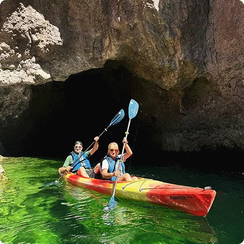 Image Descriptions: Two people kayaking and an image of a person sitting on a large boulder.