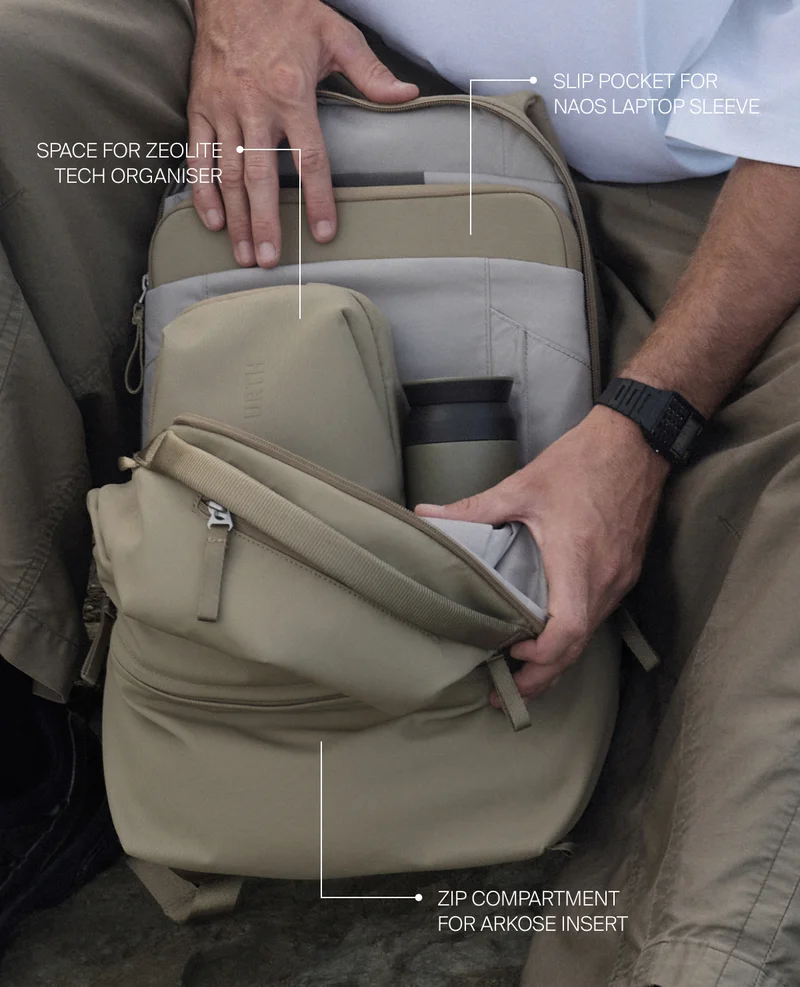 The Arkose Backpack has space for Zeolite Tech Organiser, Naos Laptop Sleeve, and Arkose Camera Insert