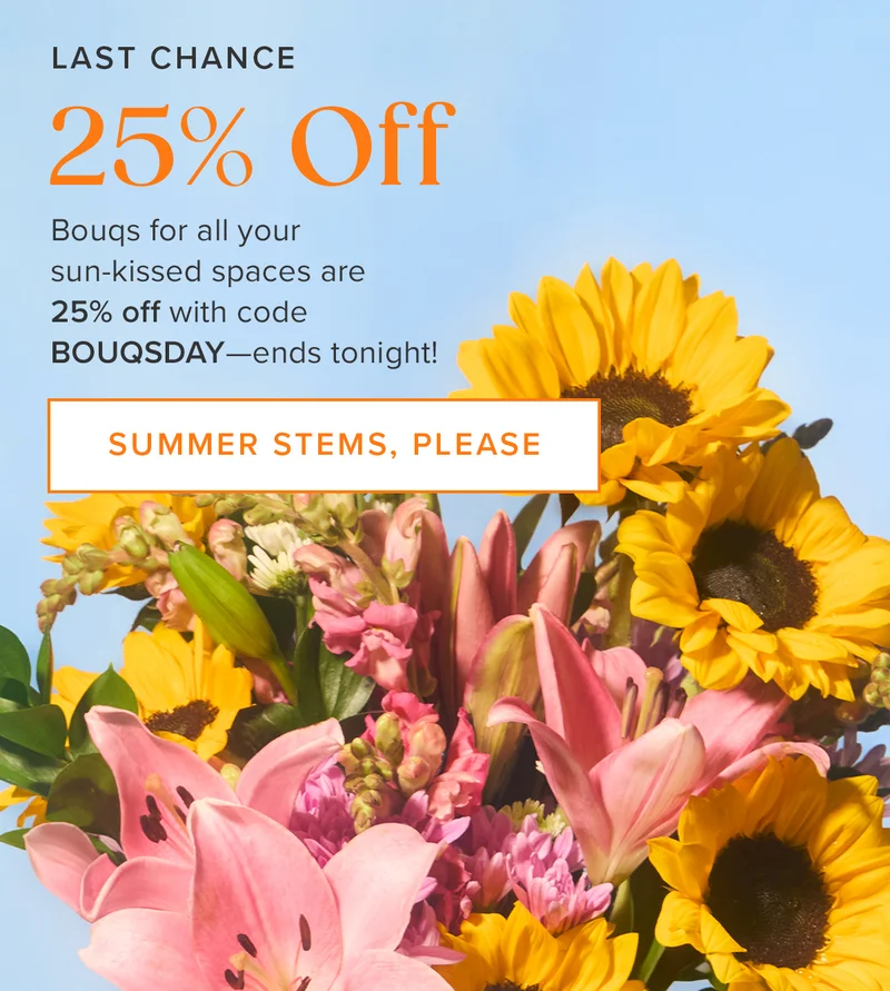 Last Chance for 25% Off! Bouqs for all your sun-kissed spaces are 25% off with code BOUQSDAY--ends tonight! Summer Stems, Please.