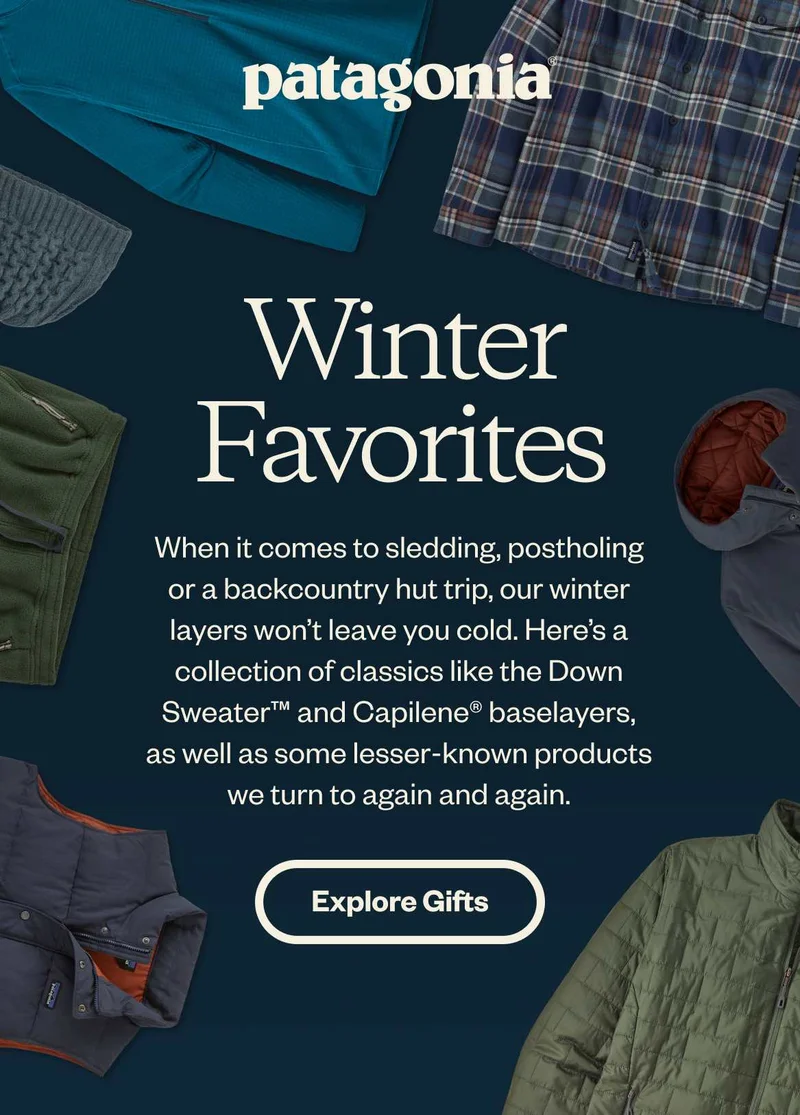 Patagonia. Winter Favorites. When it comes to sledding, post-holing or a backcountry hut trip, our winter layers won’t leave you cold. Here’s a collection of classics like the Down Sweater™ and Capilene® baselayers as well as some lesser known products we turn to again and again.