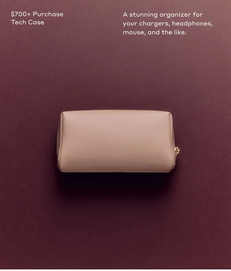 $700+ Purchase Tech Case A stunning organizer for your chargers, headphones, mouse, and the like.