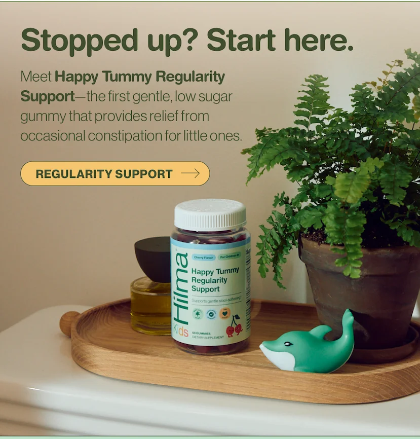 Stopped up? Start here. Meet Happy Tummy Regularity Support—the first gentle, low sugar gummy that provides relief from occasional constipation for little ones.