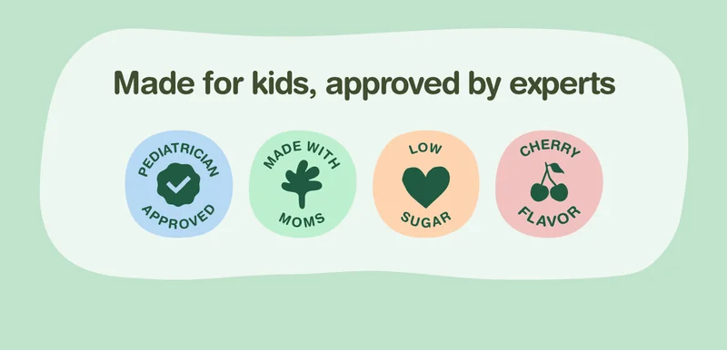 Made for kids, approved by experts. Pediatrician approved. Made with moms. Low sugar. Cherry flavor.