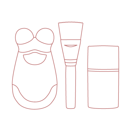 Rose-colored outline of Trinity and Ionized Microcurrent Activator bottle and Clean Sweep Applicator Brush