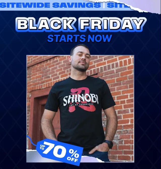 SITEWIDE SAVINGS | BLACK FRIDAY STARTS NOW |  A  tshirt model wearing the SHINOBI: Art of Vengeance Logo Tee | UP TO 70% OFF