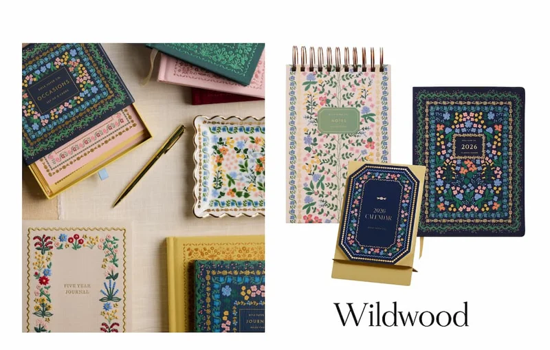 Flora-themed journals, notepads, planner, and 2026 calendar in Wildwood patter, with "Wildwood" text at bottom.