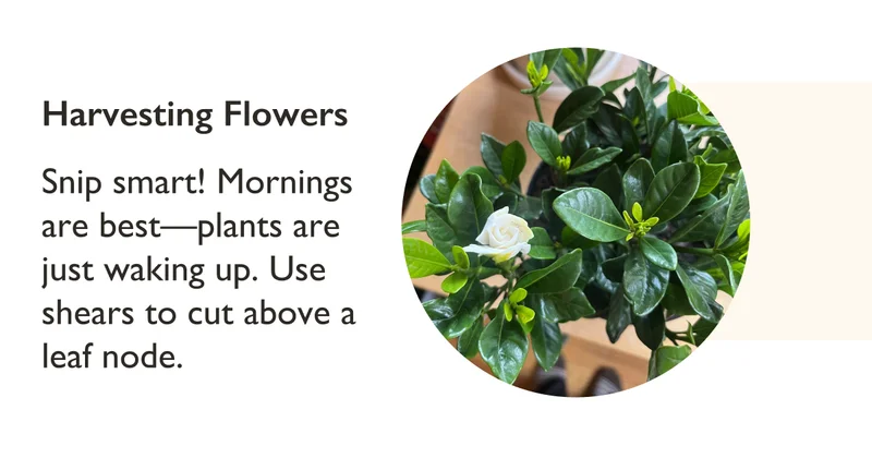 How to Harvest Gardenia Flowers: Snip smart! Mornings are best—plants are just waking up. Use shears to cut above a leaf node.