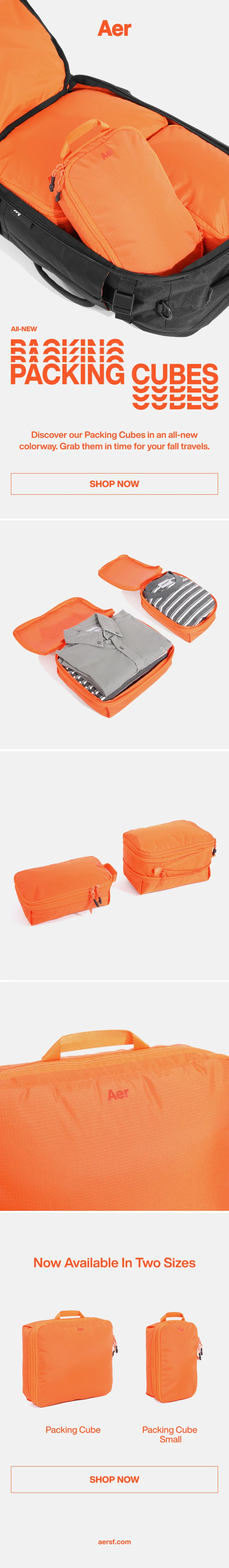 Photos of the all-new Aer Packing Cubes in safety orange