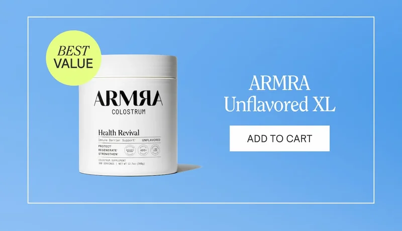 Product image of ARMRA Colostrum Health Revival Unflavored XL container on a blue background, labeled “Immune Barrier Support.” A green circular badge reads “Best Value.” Text on the right says “ARMRA Unflavored XL” with a button reading “Add to Cart.”