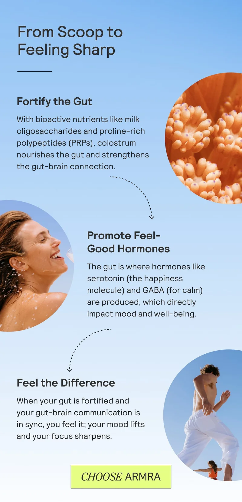 Illustrated infographic showing the gut-brain connection benefits of ARMRA Colostrum. Sections read:  “Fortify the Gut”: Describes nutrients like milk oligosaccharides and PRPs that nourish the gut.  “Promote Feel-Good Hormones”: Explains how the gut produces serotonin and GABA, influencing mood and calm.  “Feel the Difference”: Describes improved focus and lifted mood from better gut-brain communication. Images of a smiling woman, healthy gut cells, and active people accompany the text. A green button reads “Choose ARMRA.”