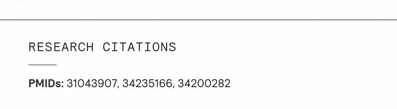 Minimalist text section on a white background titled “Research Citations.” Lists PMIDs: 31043907, 34235166, 34200282, referencing scientific studies supporting ARMRA Colostrum research.