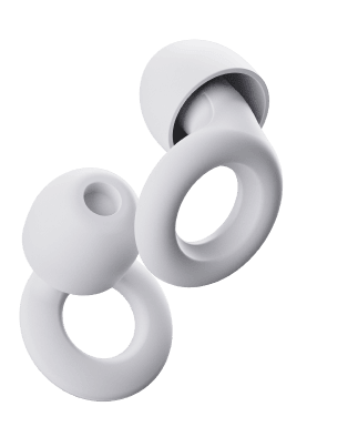 A set of white Loop Quiet earplugs.